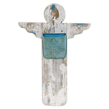 Rustic White Wood Angel with Metal Pocket - The Fox Decor